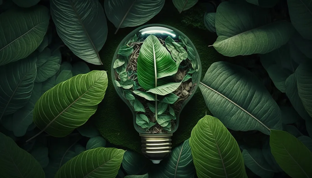 Light bulb nestled in green leaves