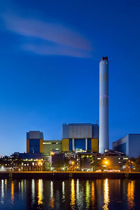 Industrial waterfront facility at night